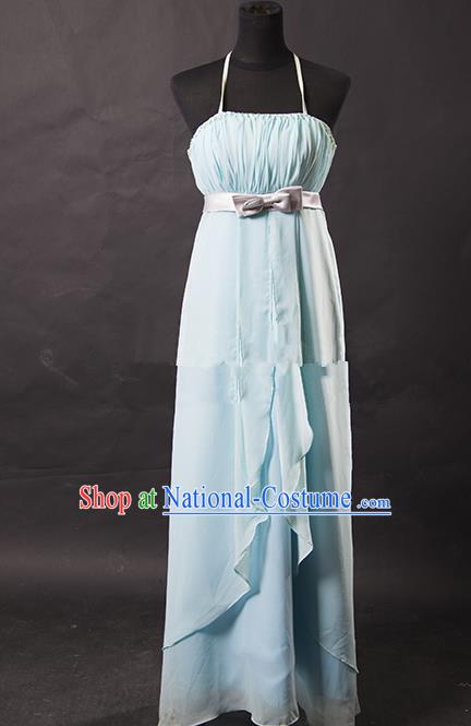 Traditional Chinese Modern Dancing Costume, Women Opening Classic Chorus Singing Group Light Blue Full Dress for Women