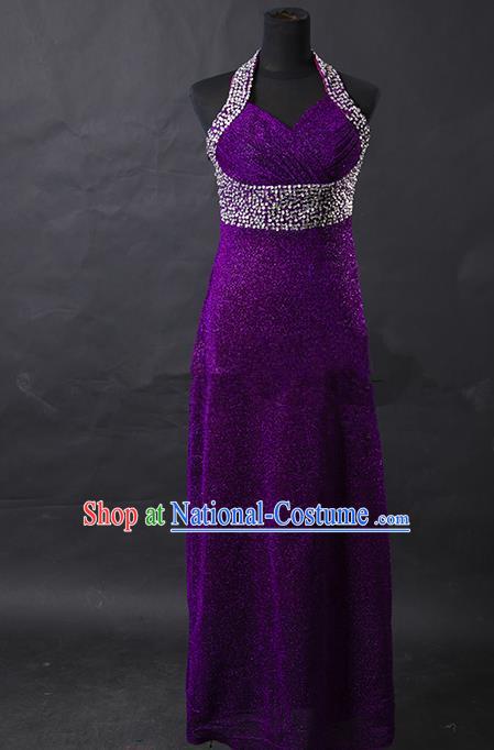 Traditional Chinese Modern Dancing Costume, Women Opening Classic Chorus Singing Group Purple Full Dress for Women