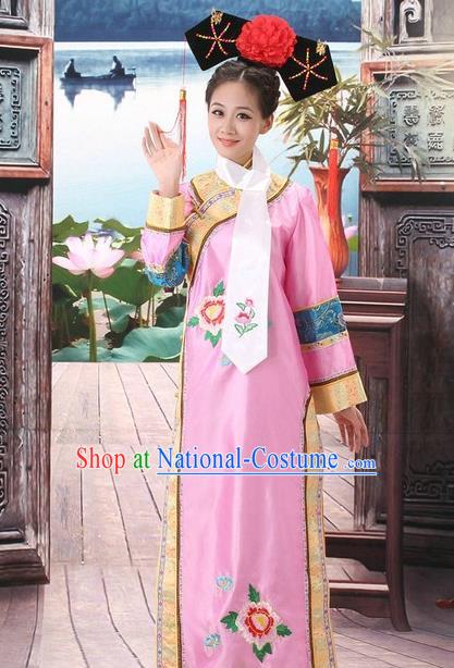 Traditional Ancient Chinese Manchu Palace Lady Pink Costume, Asian Chinese Qing Dynasty Princess Embroidered Dress Clothing for Women