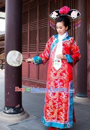 Traditional Ancient Chinese Manchu Palace Lady Costume, Asian Chinese Qing Dynasty Imperial Consort Embroidered Red Dress Clothing for Women