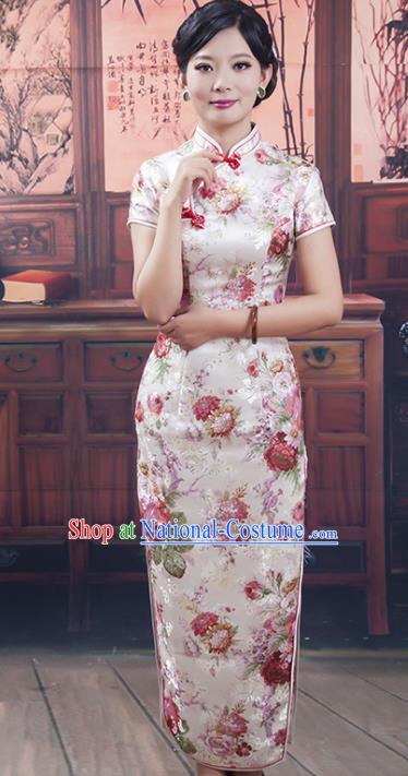 Traditional Ancient Chinese Republic of China Long Cheongsam Costume, Asian Chinese Printing Silk Chirpaur Dress Clothing for Women