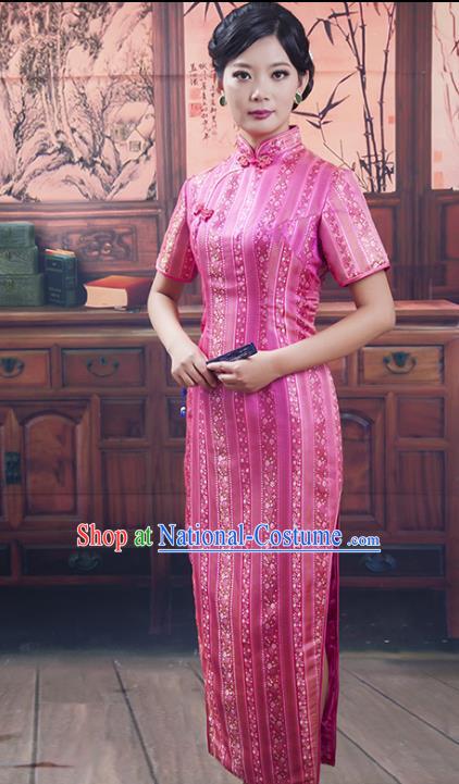 Traditional Ancient Chinese Republic of China Long Pink Cheongsam Costume, Asian Chinese Printing Silk Chirpaur Dress Clothing for Women