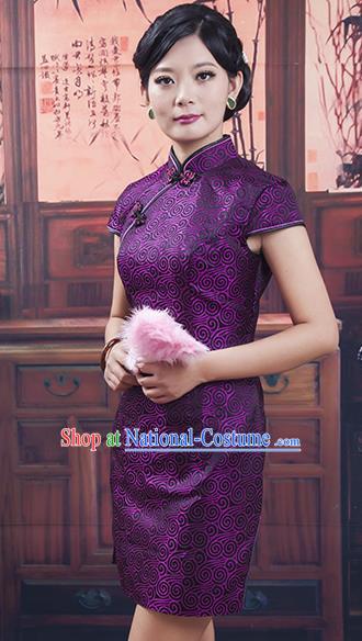 Traditional Ancient Chinese Republic of China Short Purple Cheongsam Costume, Asian Chinese Printing Silk Chirpaur Dress Clothing for Women