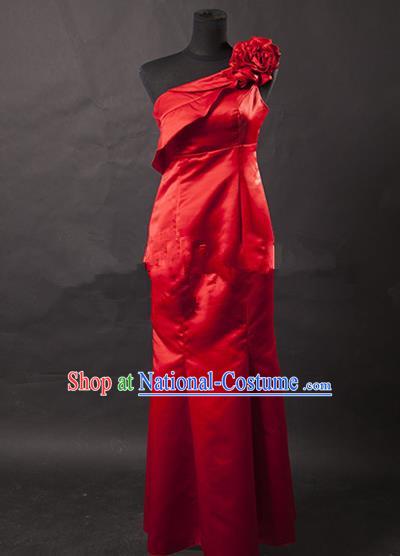 Traditional Chinese Modern Dancing Costume, Women Opening Classic Chorus Singing Group Red Full Dress for Women