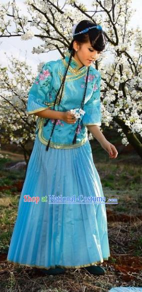 Traditional Ancient Chinese Manchu Nobility Lady Blue Costume, Asian Chinese Qing Dynasty Embroidered Dress Clothing for Women