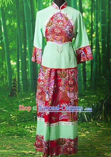 Traditional Chinese Classical Dance Yangge Fan Dancing Costume, Folk Dance Drum Dance Yangko Green Clothing for Women