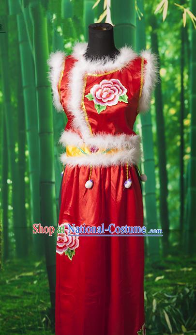 Traditional Chinese Classical Dance Yangge Fan Dancing Costume, Folk Dance Drum Dance Yangko Red Clothing for Women