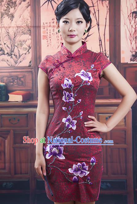 Traditional Chinese National Costume Red Qipao Printing Black Cheongsam Dress for Women