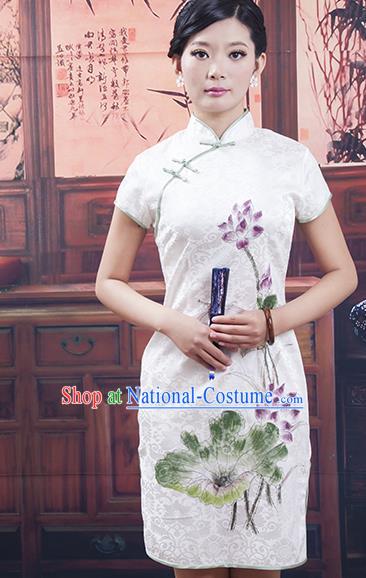 Traditional Chinese National Costume White Qipao Printing Lotus Cheongsam Dress for Women