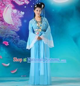 Traditional Ancient Chinese Palace Lady Fairy Costume, Asian Chinese Tang Dynasty Princess Embroidered Blue Dress Clothing for Women