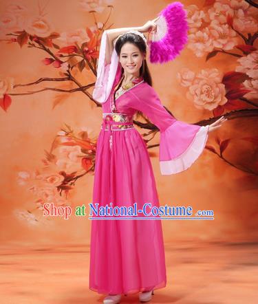 Asian China Ancient Tang Dynasty Young Lady Costume, Traditional Chinese Hanfu Princess Embroidered Rosy Dress Clothing for Women