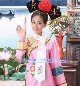 Traditional Ancient Chinese Manchu Palace Lady Costume, Asian Chinese Qing Dynasty Imperial Consort Embroidered Pink Dress Clothing for Women