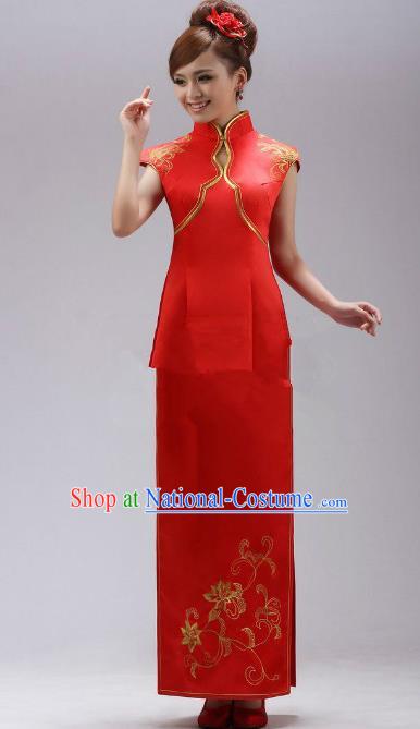 Traditional Chinese National Young Lady Red Qipao Costume, China Embroidered Cheongsam Dress for Women