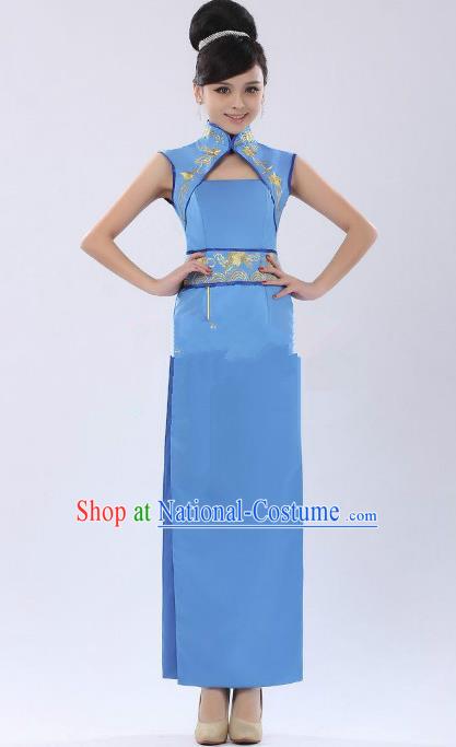 Traditional Ancient Chinese Republic of China Cheongsam Costume, Asian Chinese Embroidered Blue Chirpaur Clothing for Women