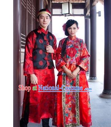 Asian China Ancient Wedding Bride and Bridegroom Costume, Traditional Chinese Hanfu Embroidered Dress Clothing for Women for Men