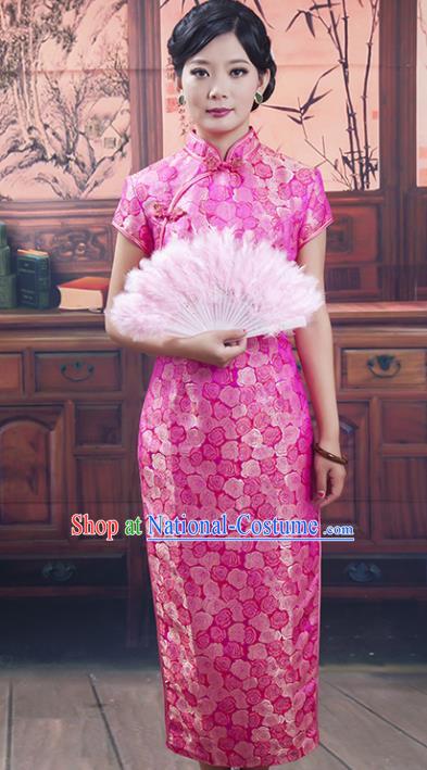 Traditional Ancient Chinese Republic of China Pink Silk Cheongsam, Asian Chinese Chirpaur Printing Qipao Dress Clothing for Women