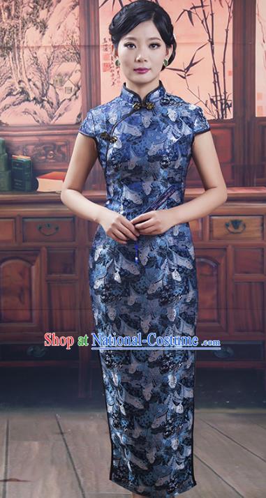 Traditional Ancient Chinese Republic of China Blue Silk Short Cheongsam, Asian Chinese Chirpaur Printing Qipao Dress Clothing for Women