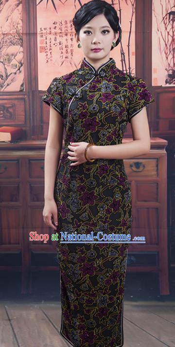 Traditional Ancient Chinese Republic of China Cheongsam Costume, Asian Chinese Black Printing Chirpaur Clothing for Women