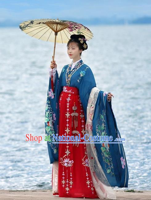 Asian Chinese Tang Dynasty Imperial Consort Wedding Embroidered Costume, Ancient China Embroidery Blouse and Skirt Complete Set