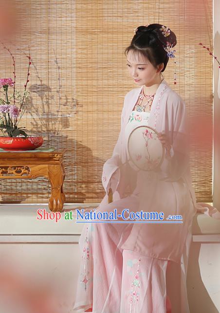 Asian Chinese Song Dynasty Young Lady Embroidered Costume, Ancient China Princess Embroidery BeiZi and Pants Complete Set