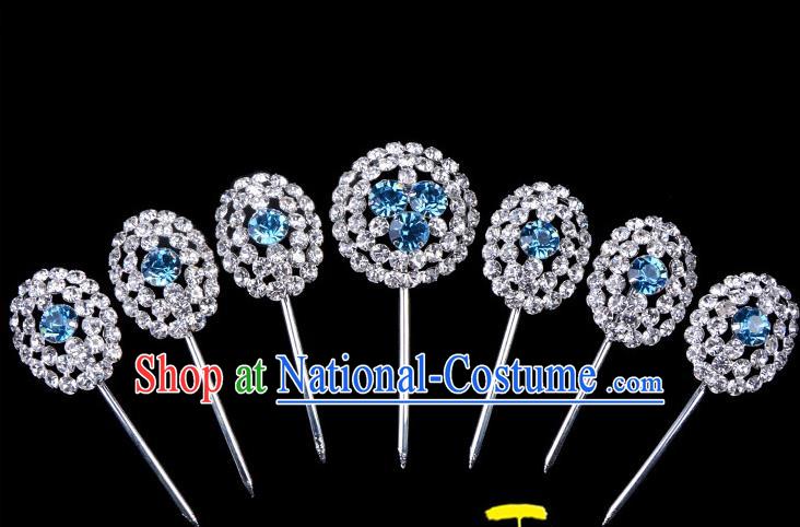 Traditional Beijing Opera Diva Hair Accessories Blue Crystal Head Ornaments Hairpins Complete Set, Ancient Chinese Peking Opera Hua Tan Hair Stick Headwear