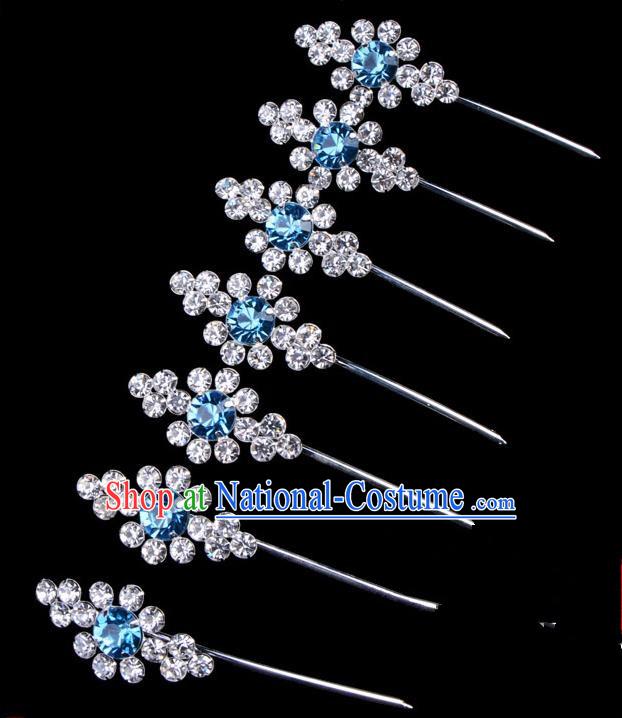 Traditional Beijing Opera Diva Hair Accessories Blue Crystal Head Ornaments Complete Set, Ancient Chinese Peking Opera Hua Tan Hairpins Hair Stick Headwear