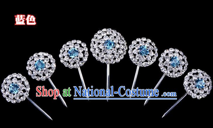 Traditional Beijing Opera Diva Hair Accessories Blue Crystal Head Ornaments Complete Set, Ancient Chinese Peking Opera Hua Tan Round Hairpins Hair Stick Headwear