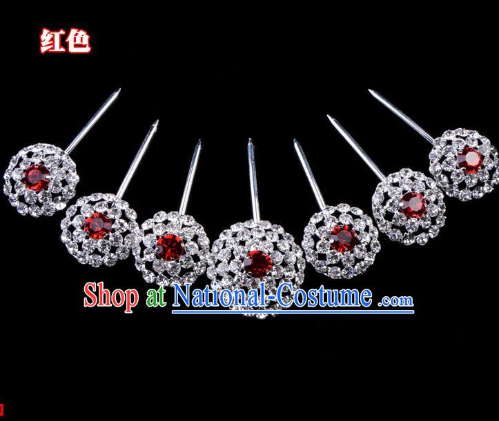 Traditional Beijing Opera Diva Hair Accessories Red Crystal Head Ornaments Complete Set, Ancient Chinese Peking Opera Hua Tan Round Hairpins Hair Stick Headwear