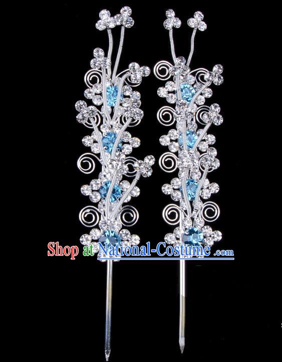 Traditional Beijing Opera Diva Hair Accessories Blue Crystal Head Ornaments, Ancient Chinese Peking Opera Hua Tan Hairpins Hair Stick Headwear