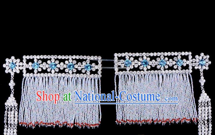 Traditional Beijing Opera Diva Hair Accessories Blue Crystal Head Ornaments Temples Curtain Hairpins, Ancient Chinese Peking Opera Hua Tan Tassel Hair Stick Headwear