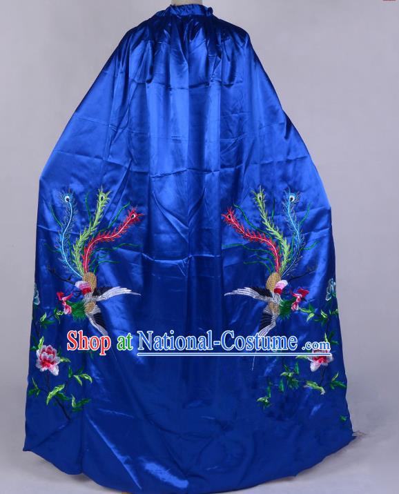 Top Grade Professional Beijing Opera Diva Costume Young Lady Embroidered Royalblue Cloak, Traditional Ancient Chinese Peking Opera Princess Embroidery Phoenix Mantle Clothing