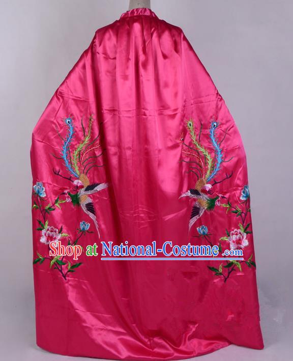 Top Grade Professional Beijing Opera Diva Costume Young Lady Embroidered Rosy Cloak, Traditional Ancient Chinese Peking Opera Princess Embroidery Phoenix Mantle Clothing