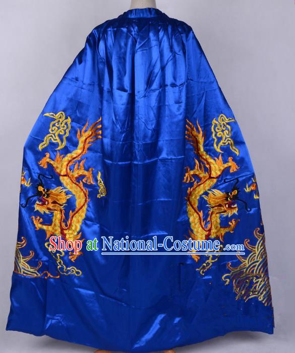 Top Grade Professional Beijing Opera Costume Emperor Embroidered Royalblue Cloak, Traditional Ancient Chinese Peking Opera King Embroidery Dragons Mantle Clothing