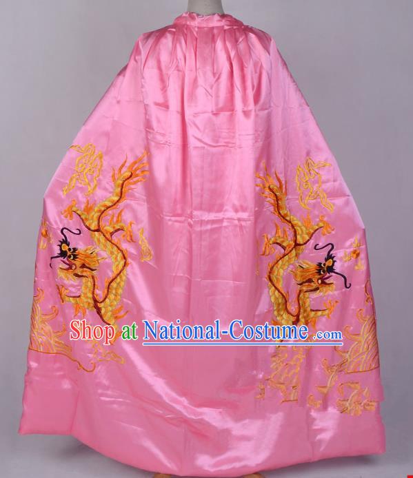 Top Grade Professional Beijing Opera Costume Emperor Embroidered Pink Cloak, Traditional Ancient Chinese Peking Opera King Embroidery Dragons Mantle Clothing