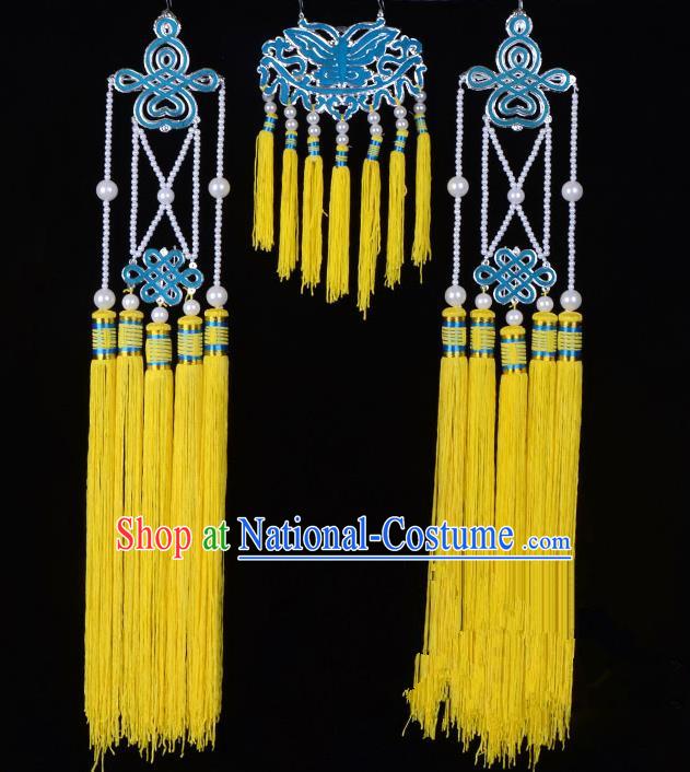 Traditional Beijing Opera Diva Hair Accessories Empress Head Ornaments Temples Curtain Hairpins, Ancient Chinese Peking Opera Hua Tan Yellow Tassel Headwear