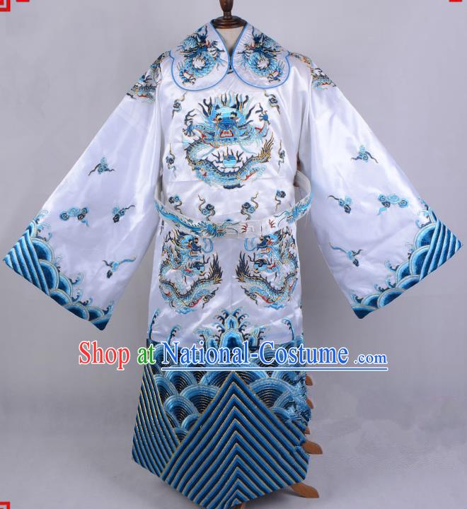 Top Grade Professional Beijing Opera Emperor Costume Royal Highness White Embroidered Robe and Belts, Traditional Ancient Chinese Peking Opera Embroidery Dragons Clothing