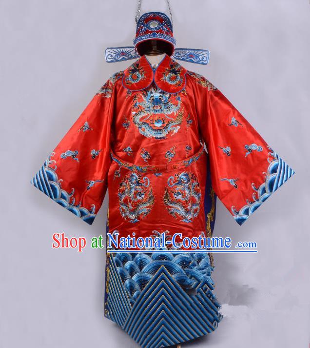 Top Grade Professional Beijing Opera Emperor Costume Royal Highness Red Embroidered Robe and Belts, Traditional Ancient Chinese Peking Opera Embroidery Dragons Clothing