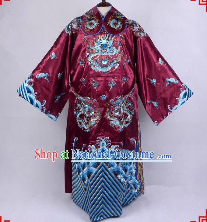 Top Grade Professional Beijing Opera Emperor Costume Royal Highness Amaranth Embroidered Robe and Belts, Traditional Ancient Chinese Peking Opera Embroidery Dragons Clothing