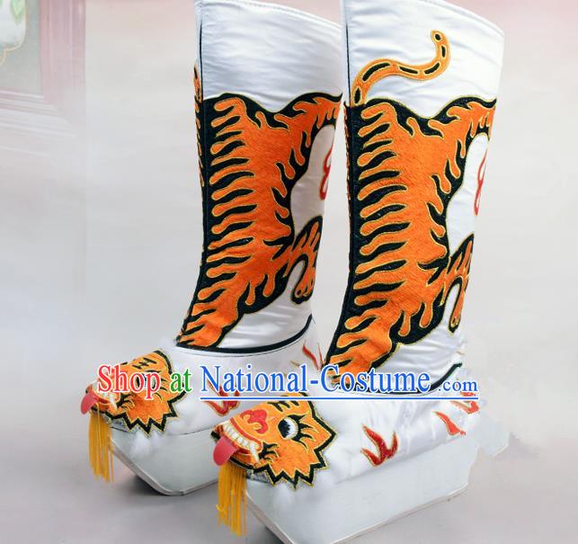 Traditional Beijing Opera Emperor Embroidered White Boots Tiger-head Shoes, Ancient Chinese Peking Opera Takefu Satin Embroidery High Leg Boots