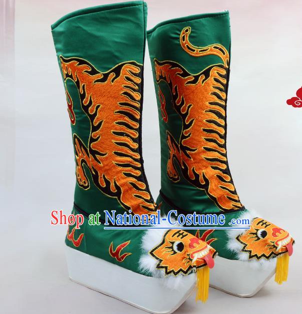 Traditional Beijing Opera Emperor Embroidered Green Boots Tiger-head Shoes, Ancient Chinese Peking Opera Takefu Satin Embroidery High Leg Boots