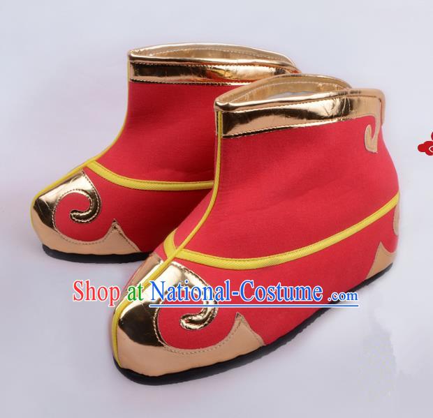 Traditional Beijing Opera Takefu Shoes Young Men Quick Boots, Ancient Chinese Peking Opera Wu-Sheng Red Shoes