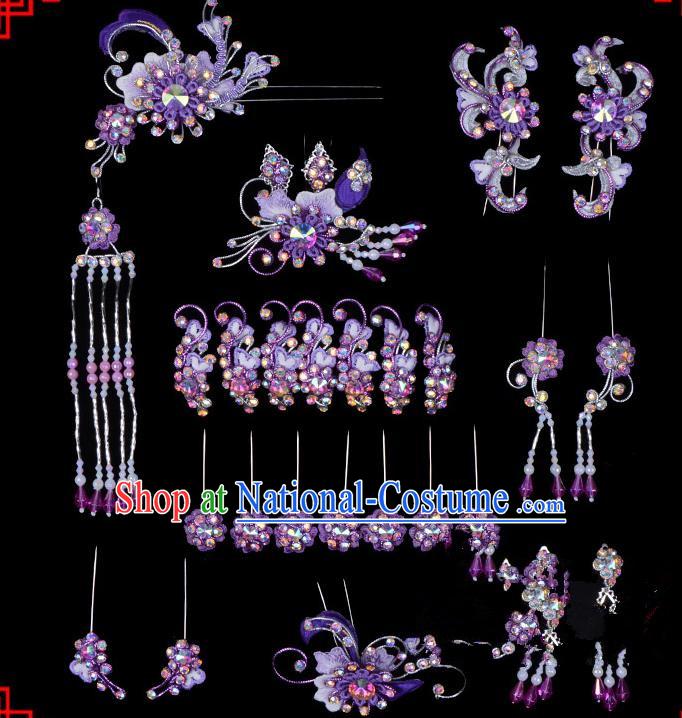 Traditional Beijing Opera Diva Hair Accessories Head Ornaments Complete Set Purple Hairpins, Ancient Chinese Peking Opera Hua Tan Hair Stick Headwear