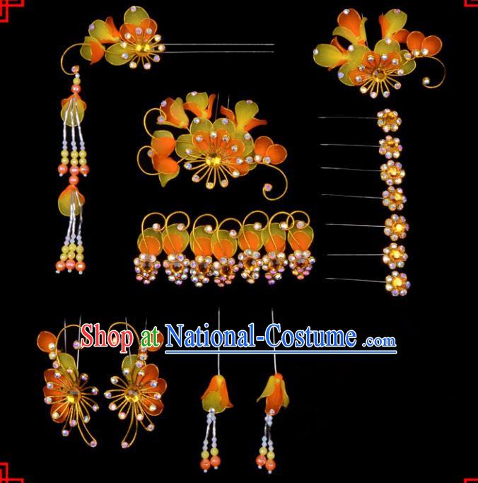 Traditional Beijing Opera Diva Hair Accessories Head Ornaments Complete Set Orange Hairpins, Ancient Chinese Peking Opera Hua Tan Hair Stick Headwear