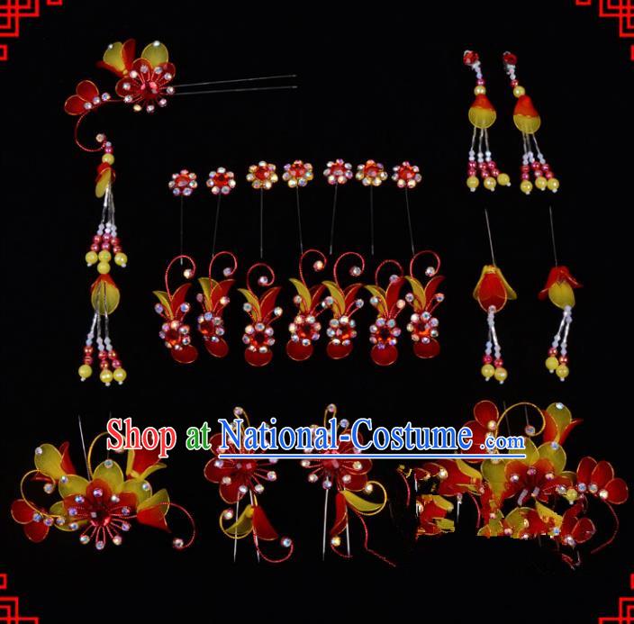 Traditional Beijing Opera Diva Hair Accessories Head Ornaments Complete Set Red Hairpins, Ancient Chinese Peking Opera Hua Tan Hair Stick Headwear