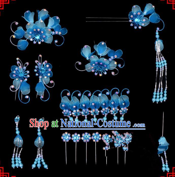 Traditional Beijing Opera Diva Hair Accessories Head Ornaments Complete Set Blue Hairpins, Ancient Chinese Peking Opera Hua Tan Hair Stick Headwear