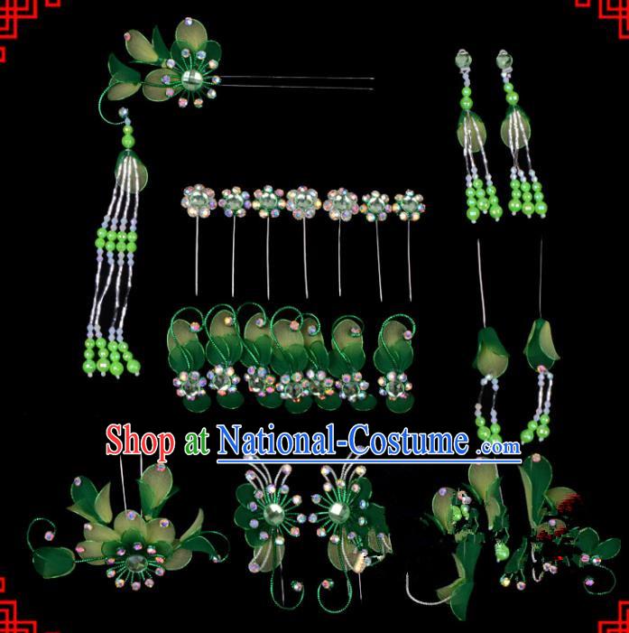 Traditional Beijing Opera Diva Hair Accessories Head Ornaments Complete Set Green Hairpins, Ancient Chinese Peking Opera Hua Tan Hair Stick Headwear