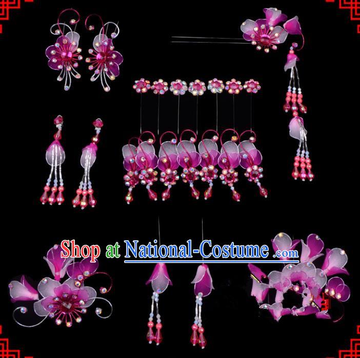 Traditional Beijing Opera Diva Hair Accessories Head Ornaments Complete Set Rosy Hairpins, Ancient Chinese Peking Opera Hua Tan Hair Stick Headwear