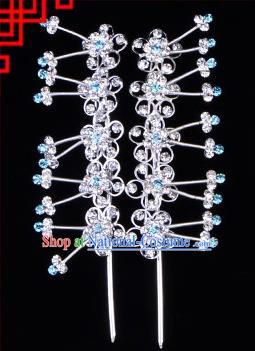 Traditional Beijing Opera Diva Hair Accessories Blue Crystal Plum Blossom Head Ornaments Hairpins, Ancient Chinese Peking Opera Hua Tan Hair Stick Headwear