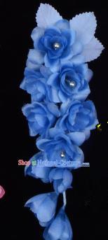 Traditional Beijing Opera Diva Hair Accessories Temples Deep Blue Silk Flowers Head Ornaments Hairpins, Ancient Chinese Peking Opera Hua Tan Hair Stick Headwear