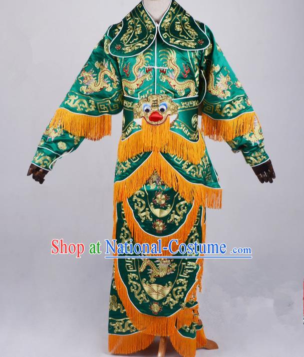 Top Grade Professional Beijing Opera General Costume Green Silk Embroidered Robe, Traditional Ancient Chinese Peking Opera Military Officer Embroidery Robe Clothing